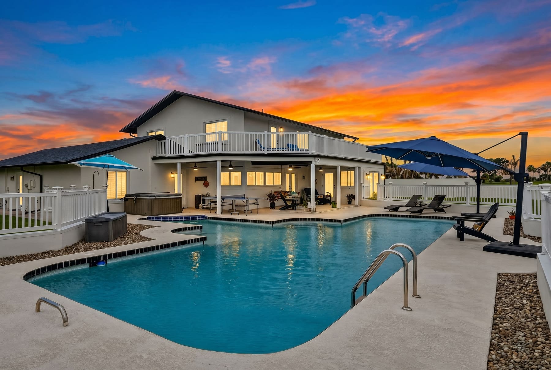 Pool and patio at twilight