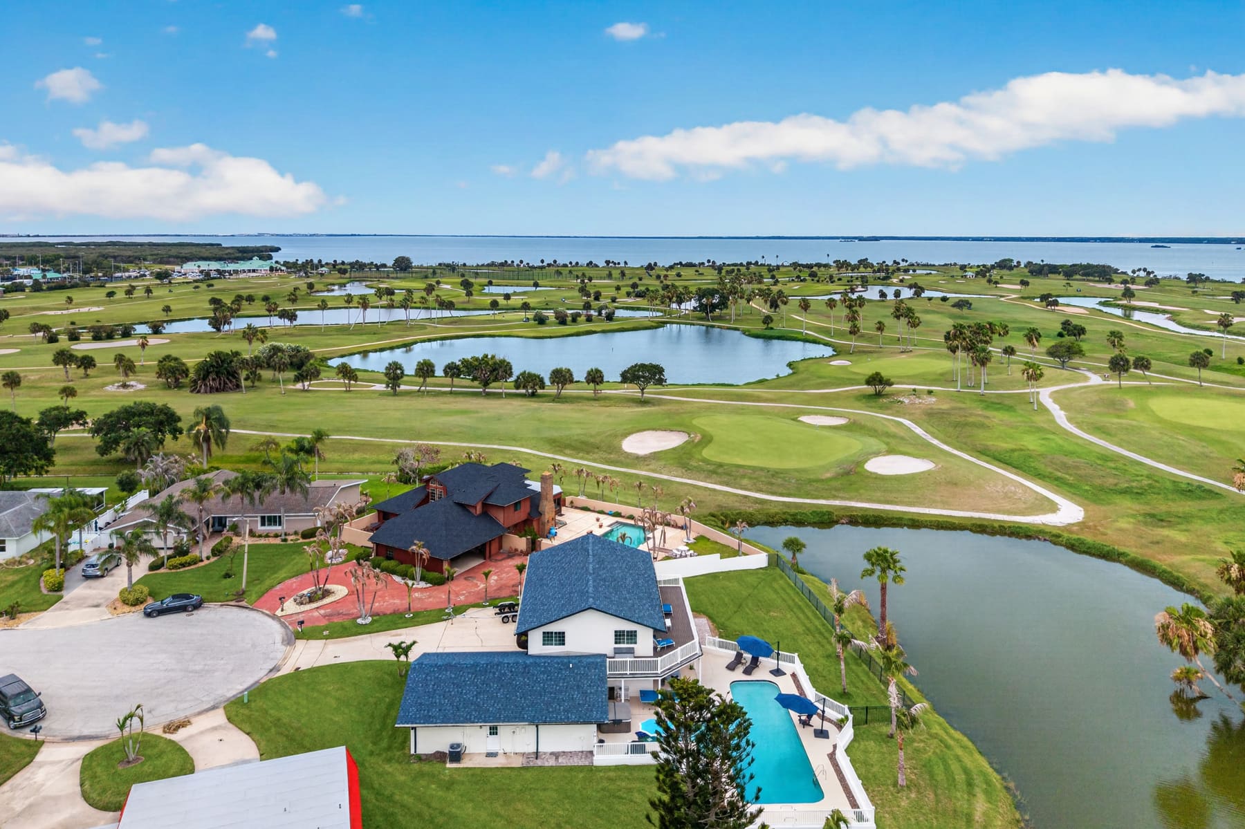 Aerial view over the golf course and Banana River