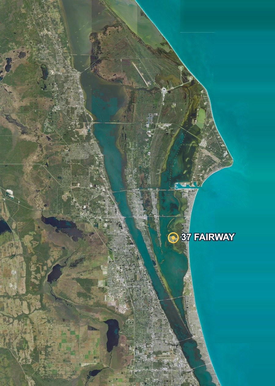 Satellite view of the Space Coast barrier island with 37 Fairway Drive marked